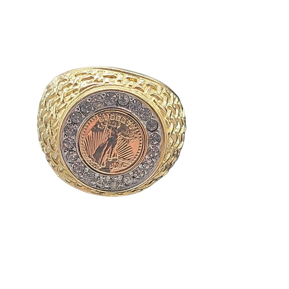 18khge Liberty Coin Mens Ring Cubic Zirconia Halo Domed Basket Weave Design 7.5